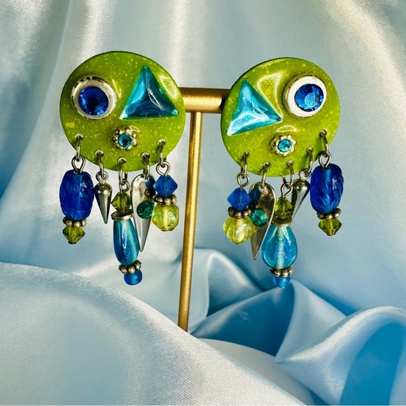 Whimsical Green & Blue Dangle Statement Earrings – Mixed Media Art Jewelry - Picture 3 of 10